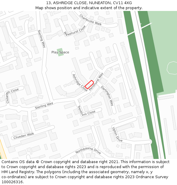13, ASHRIDGE CLOSE, NUNEATON, CV11 4XG: Location map and indicative extent of plot