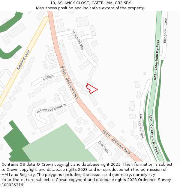 13, ASHWICK CLOSE, CATERHAM, CR3 6BY: Location map and indicative extent of plot