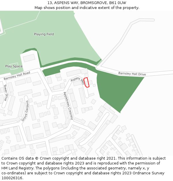 13, ASPENS WAY, BROMSGROVE, B61 0UW: Location map and indicative extent of plot