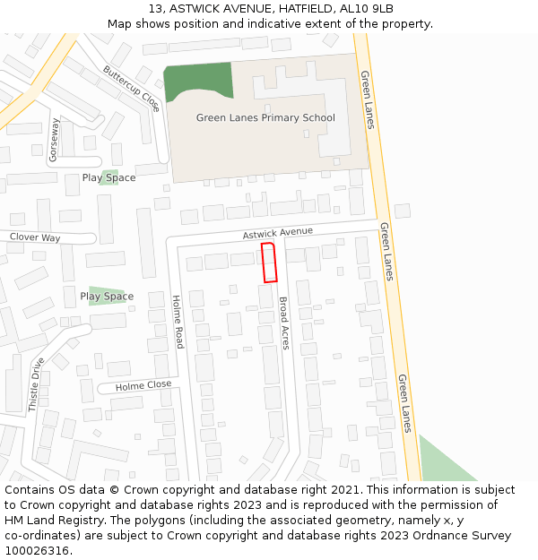 13, ASTWICK AVENUE, HATFIELD, AL10 9LB: Location map and indicative extent of plot