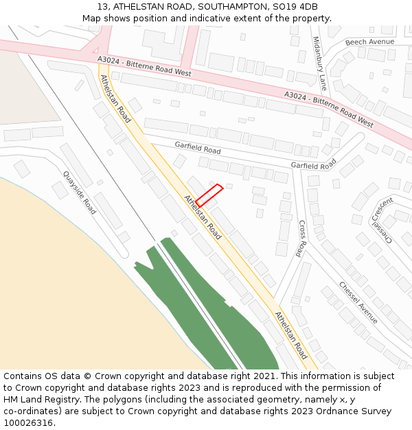 13, ATHELSTAN ROAD, SOUTHAMPTON, SO19 4DB: Location map and indicative extent of plot