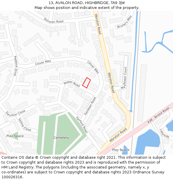 13, AVALON ROAD, HIGHBRIDGE, TA9 3JW: Location map and indicative extent of plot