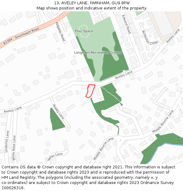 13, AVELEY LANE, FARNHAM, GU9 8PW: Location map and indicative extent of plot