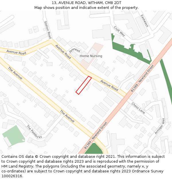 13, AVENUE ROAD, WITHAM, CM8 2DT: Location map and indicative extent of plot