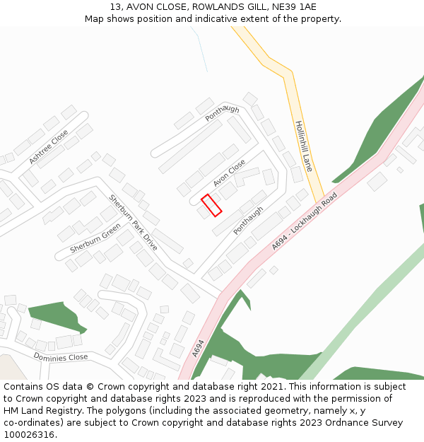 13, AVON CLOSE, ROWLANDS GILL, NE39 1AE: Location map and indicative extent of plot