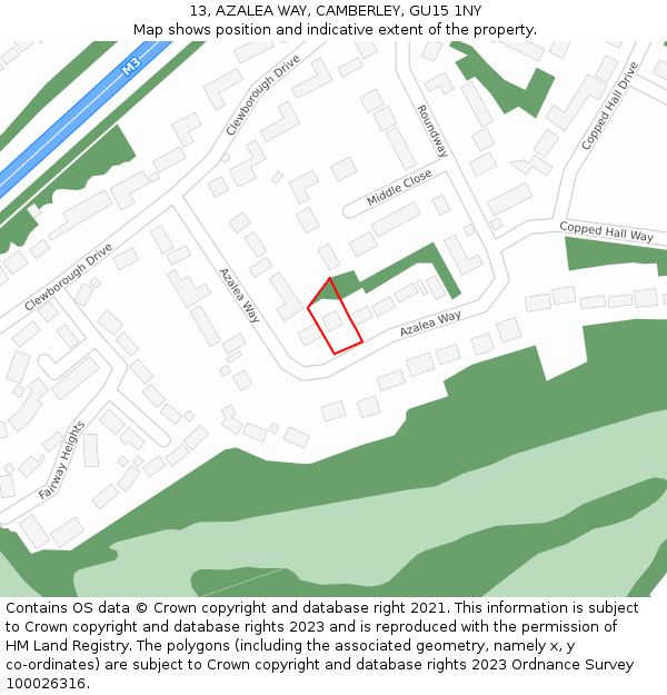 13, AZALEA WAY, CAMBERLEY, GU15 1NY: Location map and indicative extent of plot