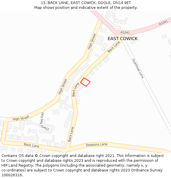 13, BACK LANE, EAST COWICK, GOOLE, DN14 9ET: Location map and indicative extent of plot