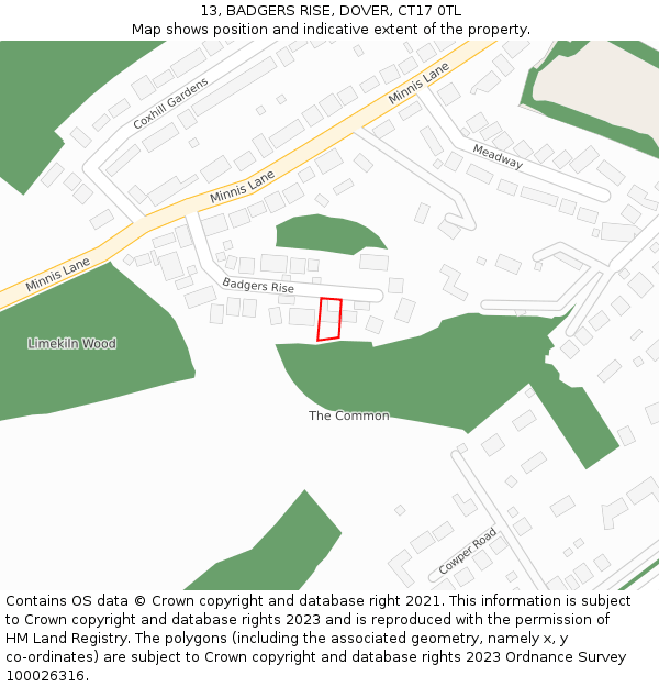 13, BADGERS RISE, DOVER, CT17 0TL: Location map and indicative extent of plot