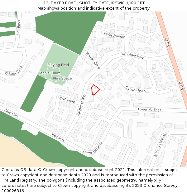 13, BAKER ROAD, SHOTLEY GATE, IPSWICH, IP9 1RT: Location map and indicative extent of plot