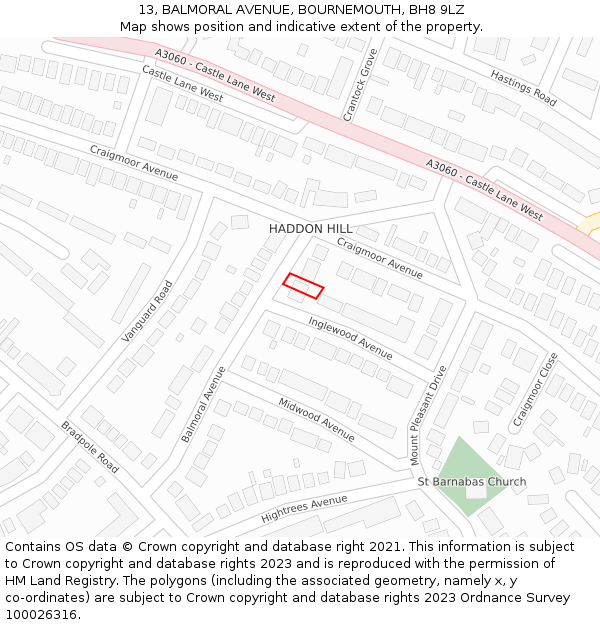 13, BALMORAL AVENUE, BOURNEMOUTH, BH8 9LZ: Location map and indicative extent of plot