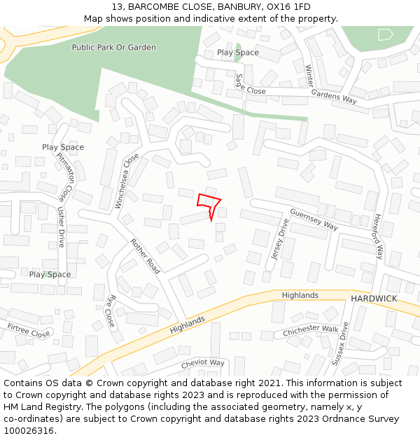 13, BARCOMBE CLOSE, BANBURY, OX16 1FD: Location map and indicative extent of plot