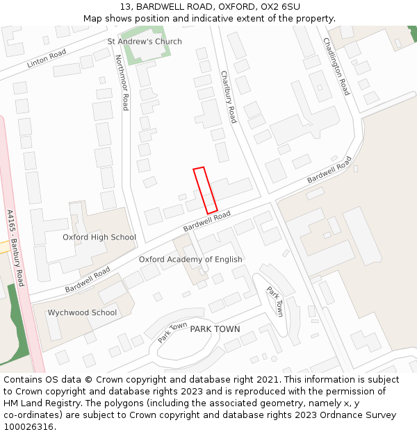 13, BARDWELL ROAD, OXFORD, OX2 6SU: Location map and indicative extent of plot
