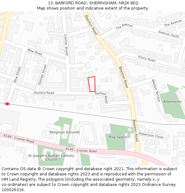 13, BARFORD ROAD, SHERINGHAM, NR26 8EQ: Location map and indicative extent of plot