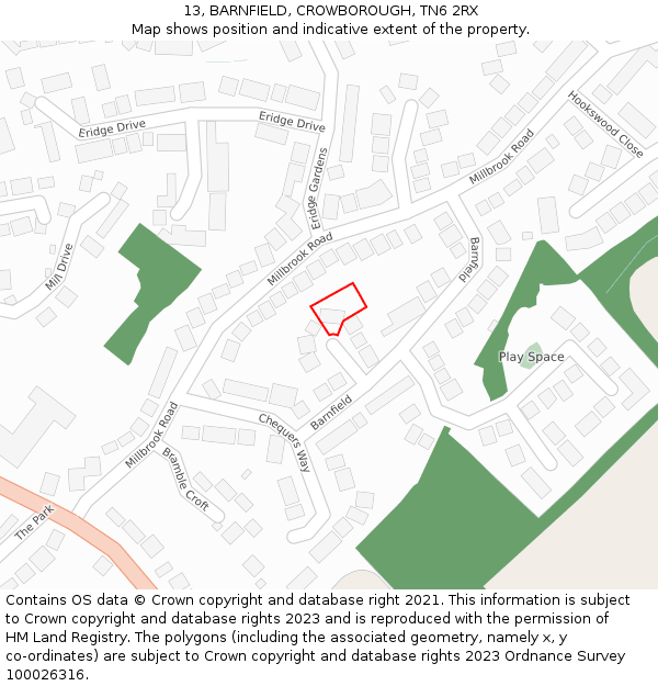 13, BARNFIELD, CROWBOROUGH, TN6 2RX: Location map and indicative extent of plot