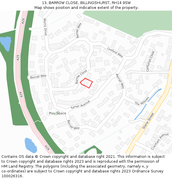 13, BARROW CLOSE, BILLINGSHURST, RH14 9SW: Location map and indicative extent of plot