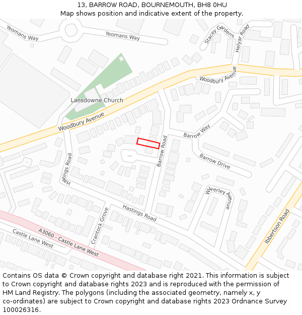13, BARROW ROAD, BOURNEMOUTH, BH8 0HU: Location map and indicative extent of plot