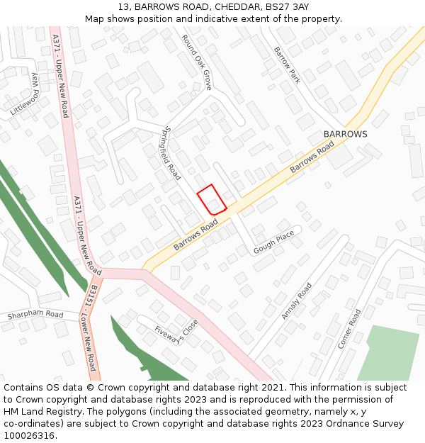 13, BARROWS ROAD, CHEDDAR, BS27 3AY: Location map and indicative extent of plot