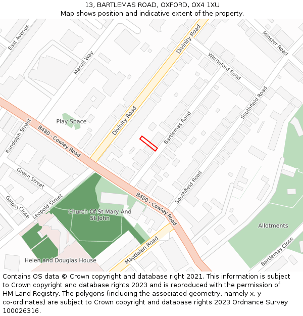 13, BARTLEMAS ROAD, OXFORD, OX4 1XU: Location map and indicative extent of plot