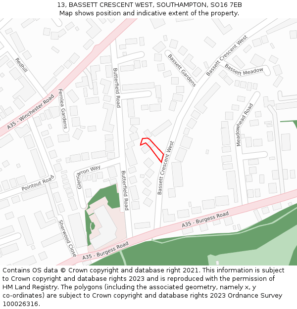 13, BASSETT CRESCENT WEST, SOUTHAMPTON, SO16 7EB: Location map and indicative extent of plot