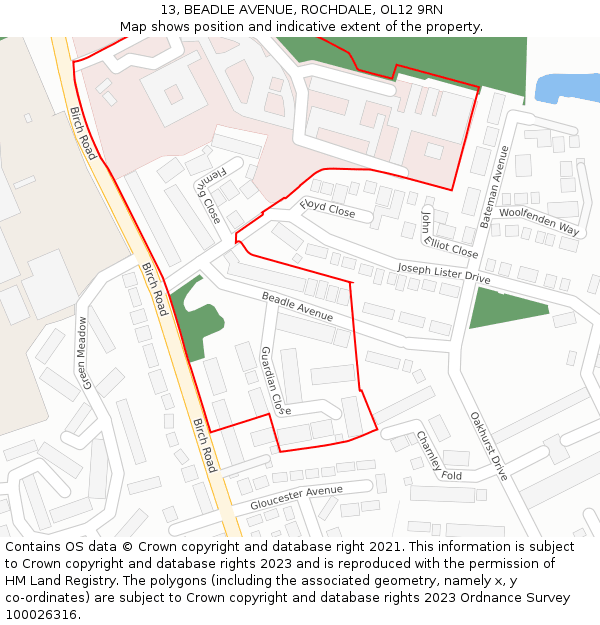 13, BEADLE AVENUE, ROCHDALE, OL12 9RN: Location map and indicative extent of plot