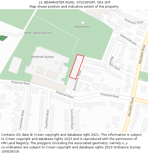 13, BEAMINSTER ROAD, STOCKPORT, SK4 3HT: Location map and indicative extent of plot