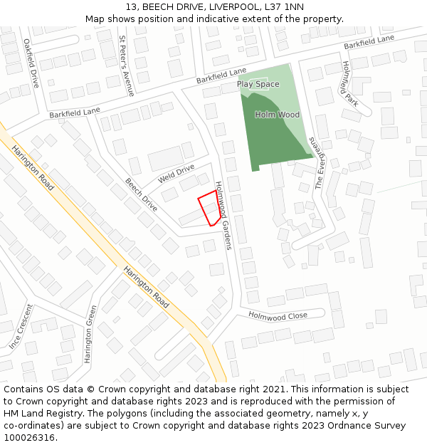 13, BEECH DRIVE, LIVERPOOL, L37 1NN: Location map and indicative extent of plot