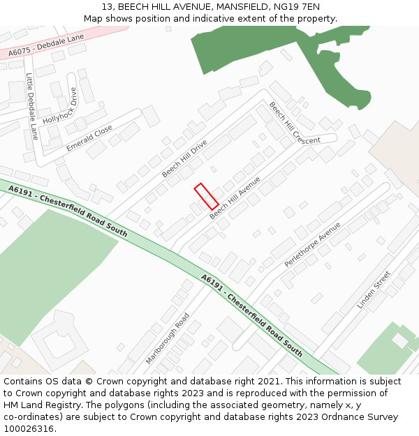 13, BEECH HILL AVENUE, MANSFIELD, NG19 7EN: Location map and indicative extent of plot