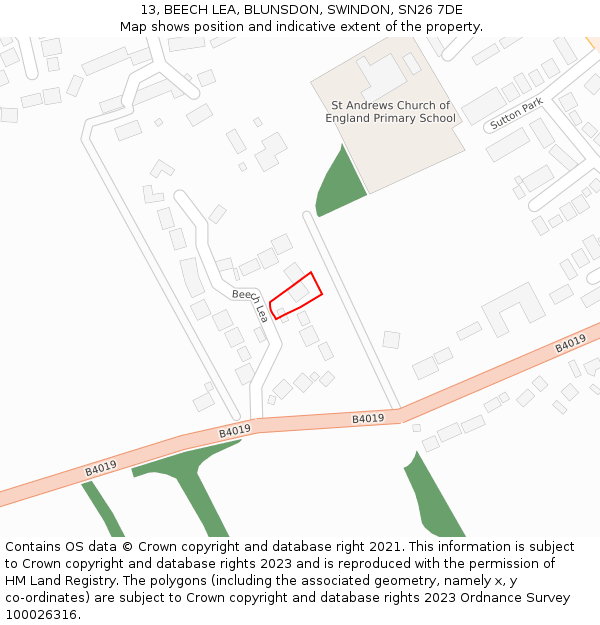 13, BEECH LEA, BLUNSDON, SWINDON, SN26 7DE: Location map and indicative extent of plot