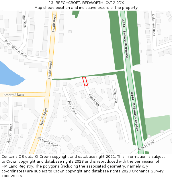 13, BEECHCROFT, BEDWORTH, CV12 0DX: Location map and indicative extent of plot