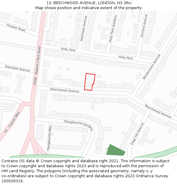 13, BEECHWOOD AVENUE, LONDON, N3 3AU: Location map and indicative extent of plot