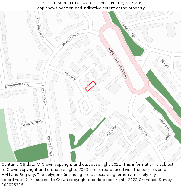 13, BELL ACRE, LETCHWORTH GARDEN CITY, SG6 2BS: Location map and indicative extent of plot