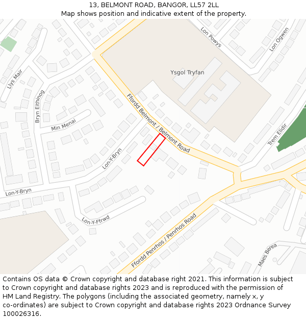 13, BELMONT ROAD, BANGOR, LL57 2LL: Location map and indicative extent of plot