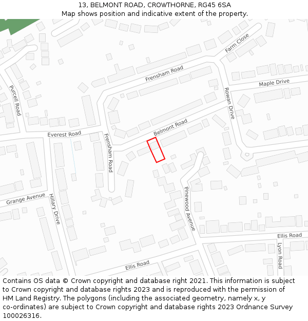 13, BELMONT ROAD, CROWTHORNE, RG45 6SA: Location map and indicative extent of plot