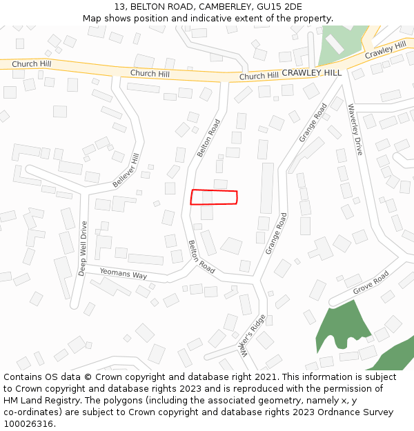 13, BELTON ROAD, CAMBERLEY, GU15 2DE: Location map and indicative extent of plot