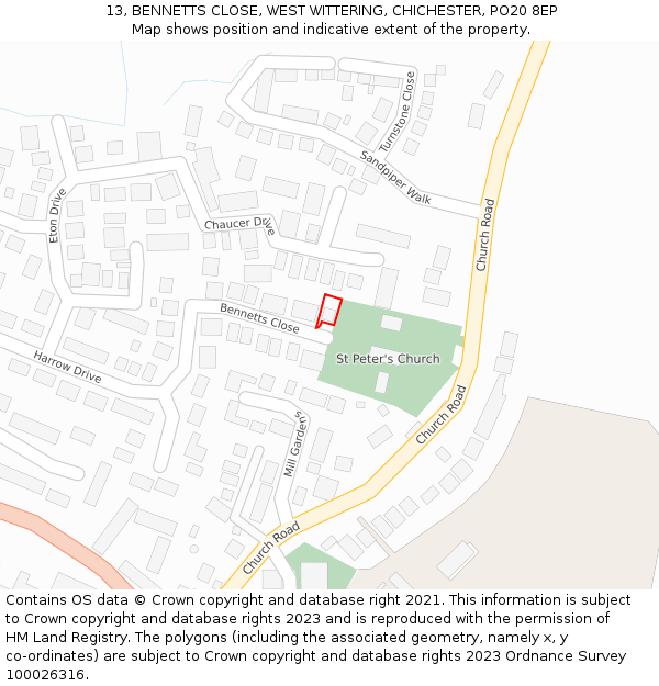 13, BENNETTS CLOSE, WEST WITTERING, CHICHESTER, PO20 8EP: Location map and indicative extent of plot