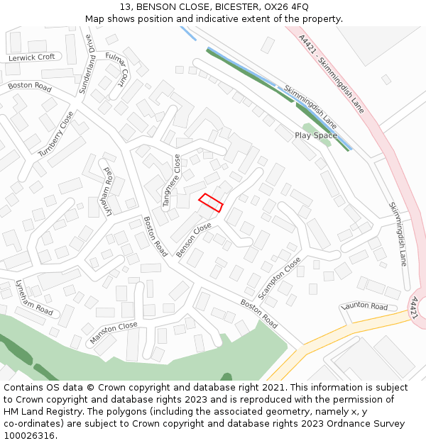 13, BENSON CLOSE, BICESTER, OX26 4FQ: Location map and indicative extent of plot