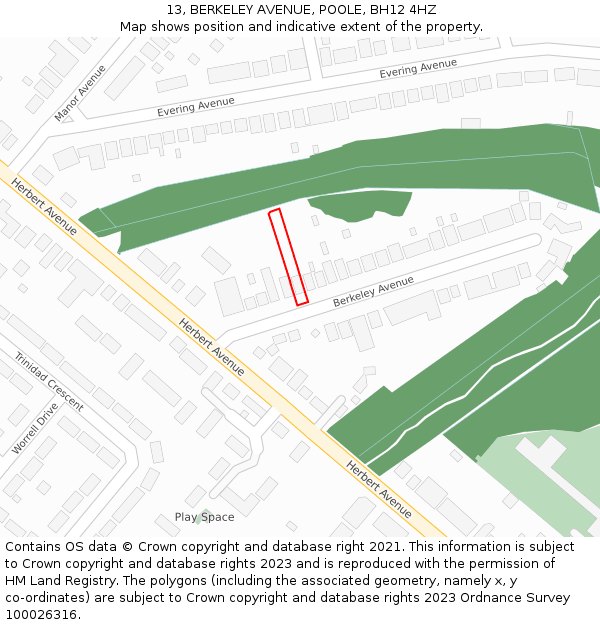 13, BERKELEY AVENUE, POOLE, BH12 4HZ: Location map and indicative extent of plot