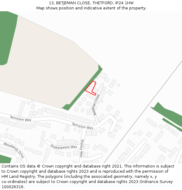 13, BETJEMAN CLOSE, THETFORD, IP24 1HW: Location map and indicative extent of plot