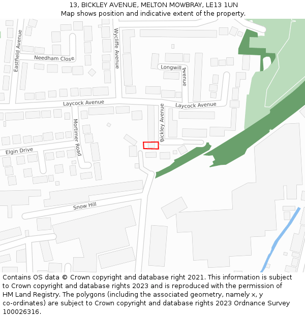 13, BICKLEY AVENUE, MELTON MOWBRAY, LE13 1UN: Location map and indicative extent of plot