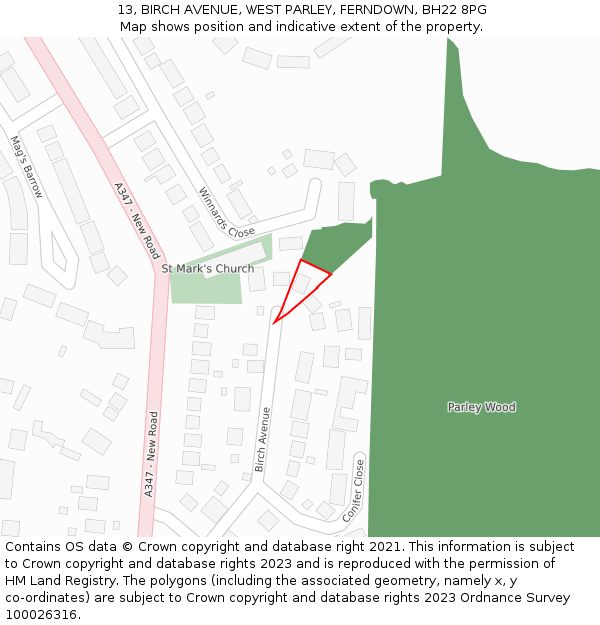 13, BIRCH AVENUE, WEST PARLEY, FERNDOWN, BH22 8PG: Location map and indicative extent of plot
