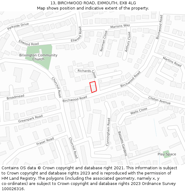 13, BIRCHWOOD ROAD, EXMOUTH, EX8 4LG: Location map and indicative extent of plot