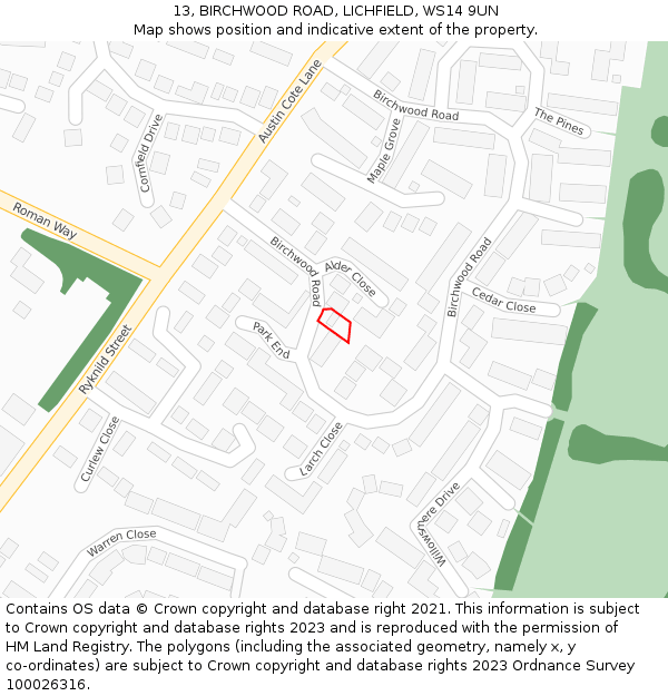 13, BIRCHWOOD ROAD, LICHFIELD, WS14 9UN: Location map and indicative extent of plot