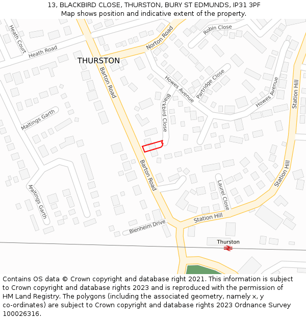 13, BLACKBIRD CLOSE, THURSTON, BURY ST EDMUNDS, IP31 3PF: Location map and indicative extent of plot