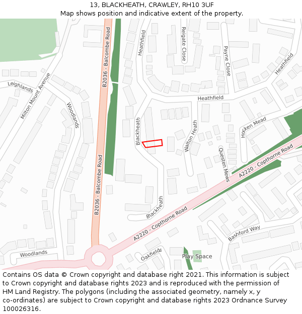 13, BLACKHEATH, CRAWLEY, RH10 3UF: Location map and indicative extent of plot