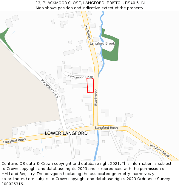 13, BLACKMOOR CLOSE, LANGFORD, BRISTOL, BS40 5HN: Location map and indicative extent of plot