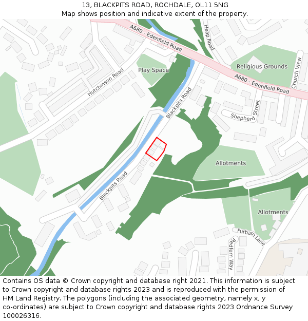 13, BLACKPITS ROAD, ROCHDALE, OL11 5NG: Location map and indicative extent of plot