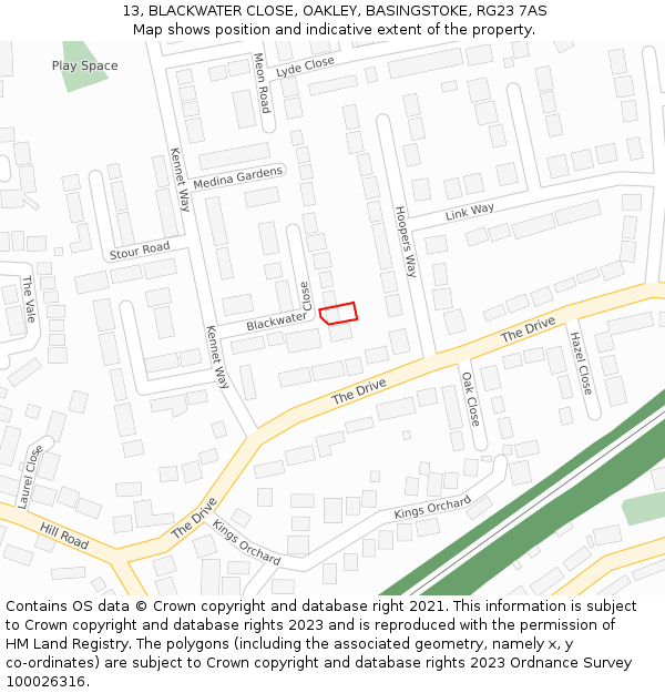 13, BLACKWATER CLOSE, OAKLEY, BASINGSTOKE, RG23 7AS: Location map and indicative extent of plot