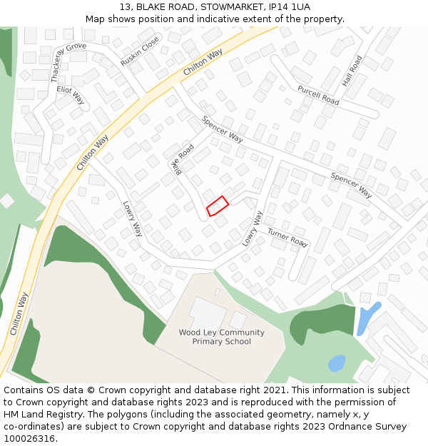 13, BLAKE ROAD, STOWMARKET, IP14 1UA: Location map and indicative extent of plot