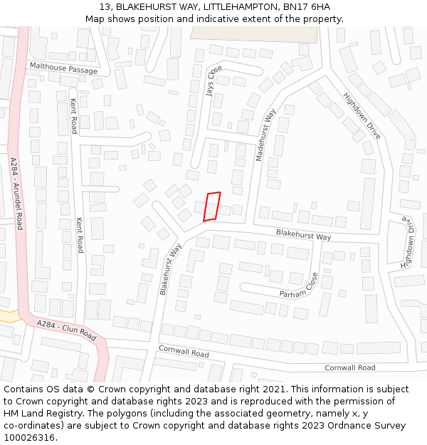 13, BLAKEHURST WAY, LITTLEHAMPTON, BN17 6HA: Location map and indicative extent of plot