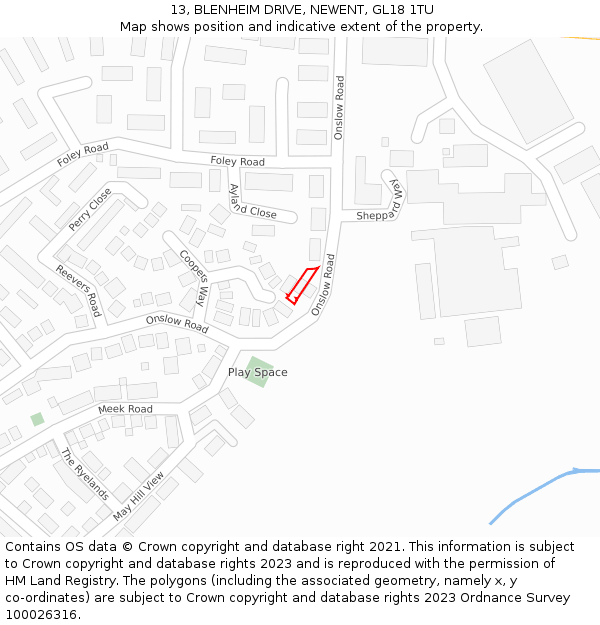 13, BLENHEIM DRIVE, NEWENT, GL18 1TU: Location map and indicative extent of plot